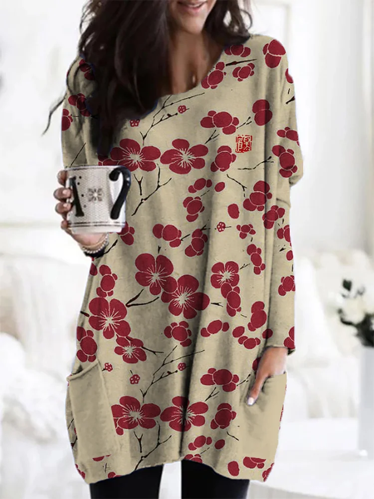 Cherry Blossom Japanese Lino Art Cozy Tunic