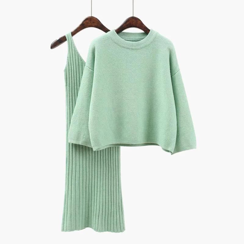 Two Pieces Suit Women Sweater Dress Set Spring Winter O Neck Loose Sweaters And Knitted Vest Dress Female Jumper Sweater Dress