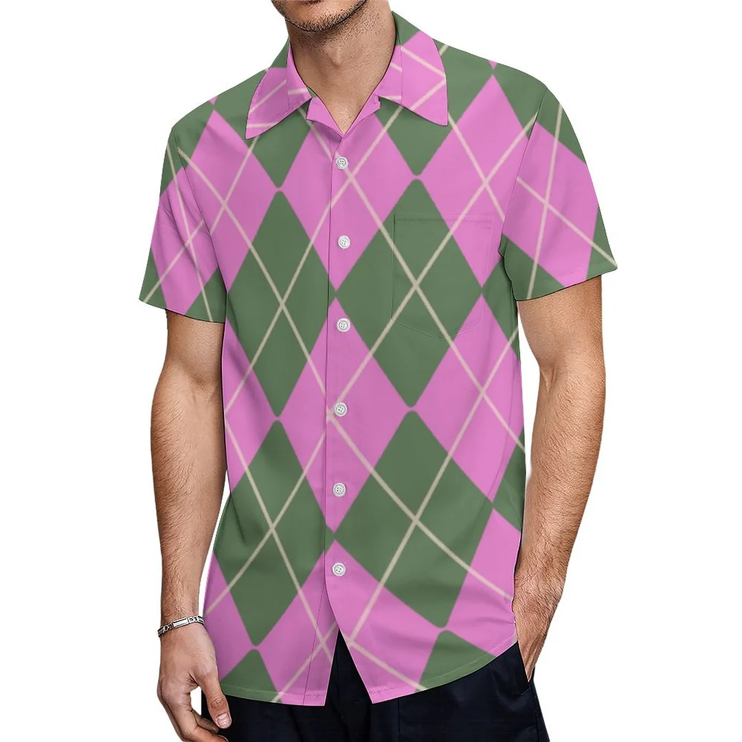 Retro Preppy Pink And Green Argyle Hawaiian Shirt Mens Button Down Plus Size Tropical Hawaii Beach Shirts
