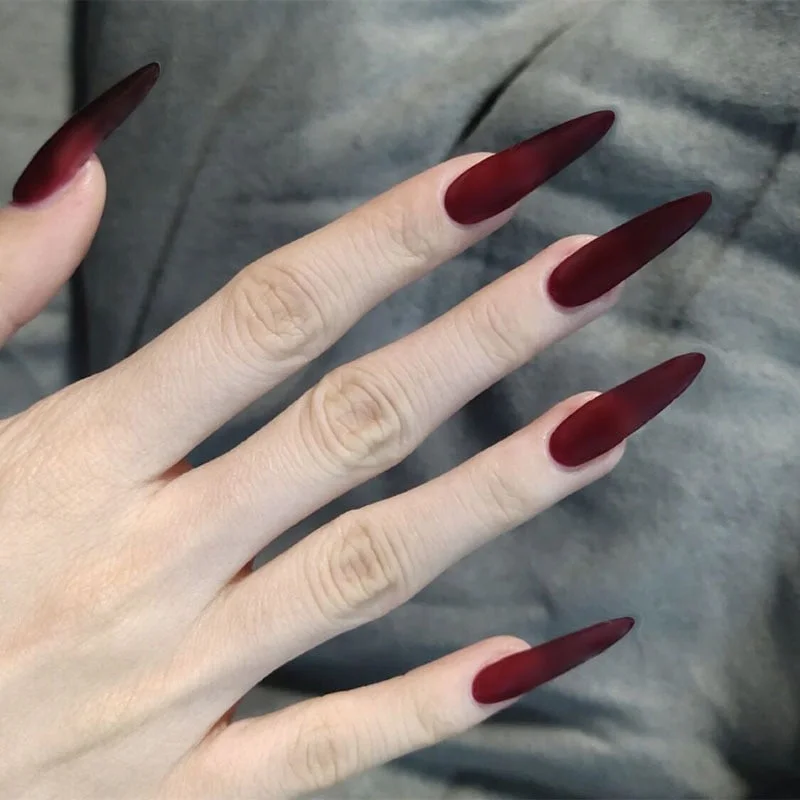 24pcs/Set Simple Stiletto False Nails Professional Fingernail DIY Fake Nails Wine Red Pink Artificial Full Nail Decal Art Tips