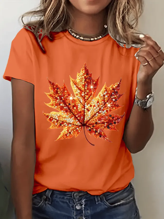 Women's Autumn Sequin Maple Leaf Print Crew Neck T-Shirt 