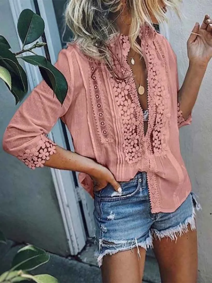 Vorioal Sexy Lace Casual Shirt