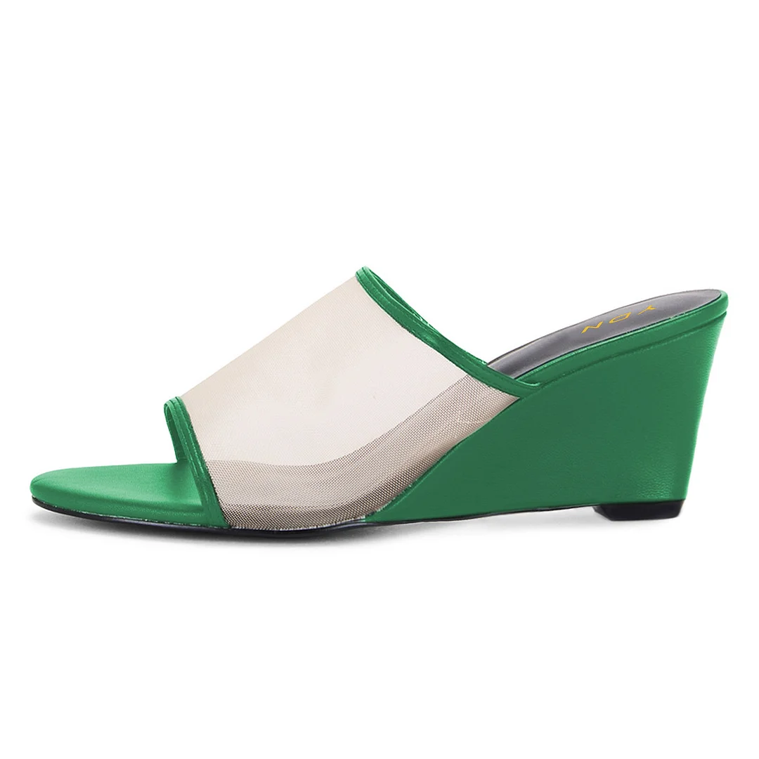 Green Vegan Leather and Mesh Open Round Toe Wedge Heel Mules for Women