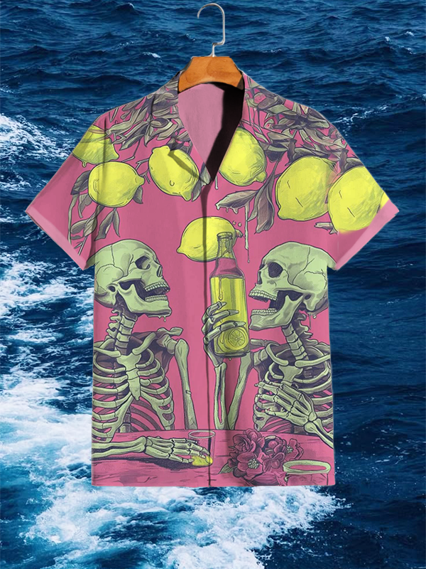 Men's Skeleton Drinking Lemon Juice Vacation Art Print Shirt