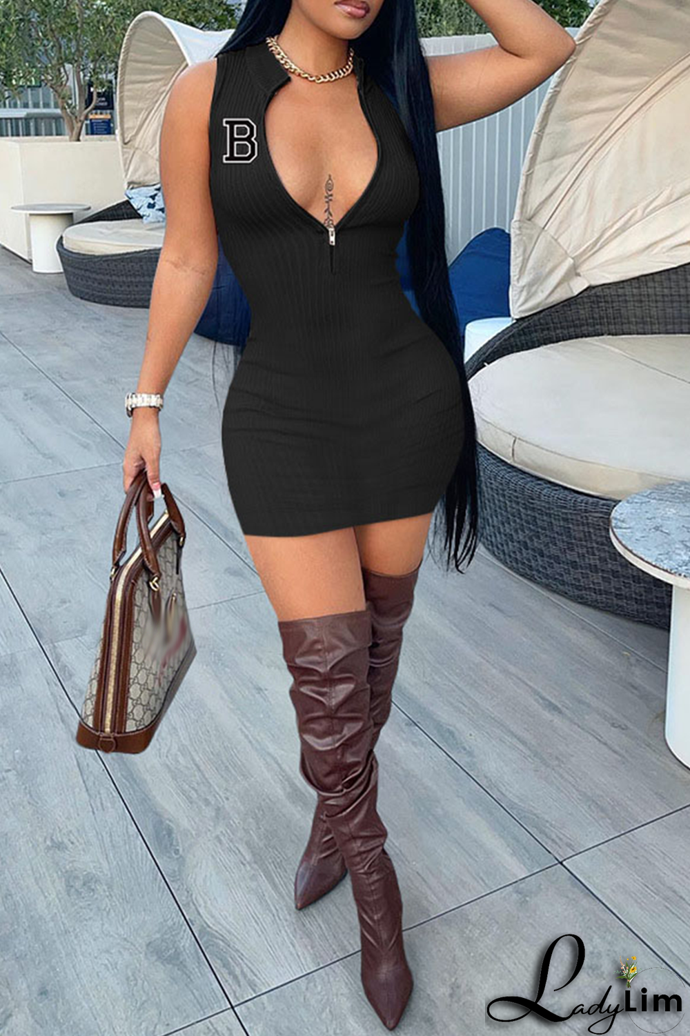 Apricot Fashion Print Patchwork Zipper Collar Pencil Skirt Dresses