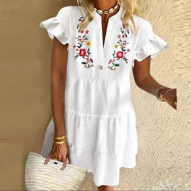 Boho Tribal Floral Printed Ruffle Edge V Neck Mini Dress