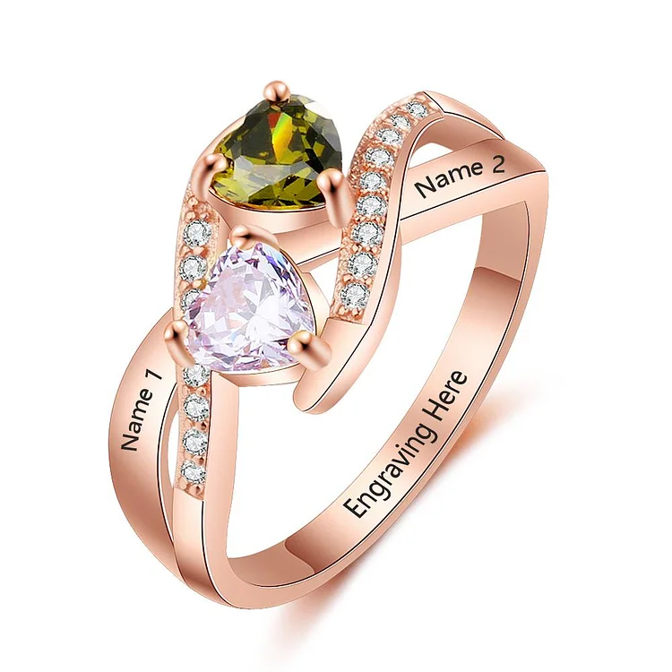 August Birthday Gift Promise Ring With 2 Birthstones Personalized Ring Engraved 2 Names Twist Band Ring in Rose Gold