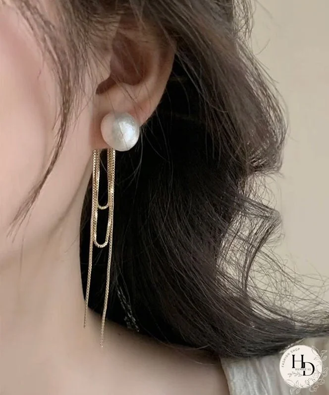 Simple Gold Copper Pearl Tassel Drop Earrings