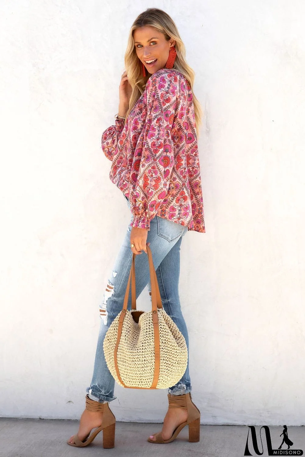 MidiSono - Rose Split Neckline Front Buttons Floral Print Blouse