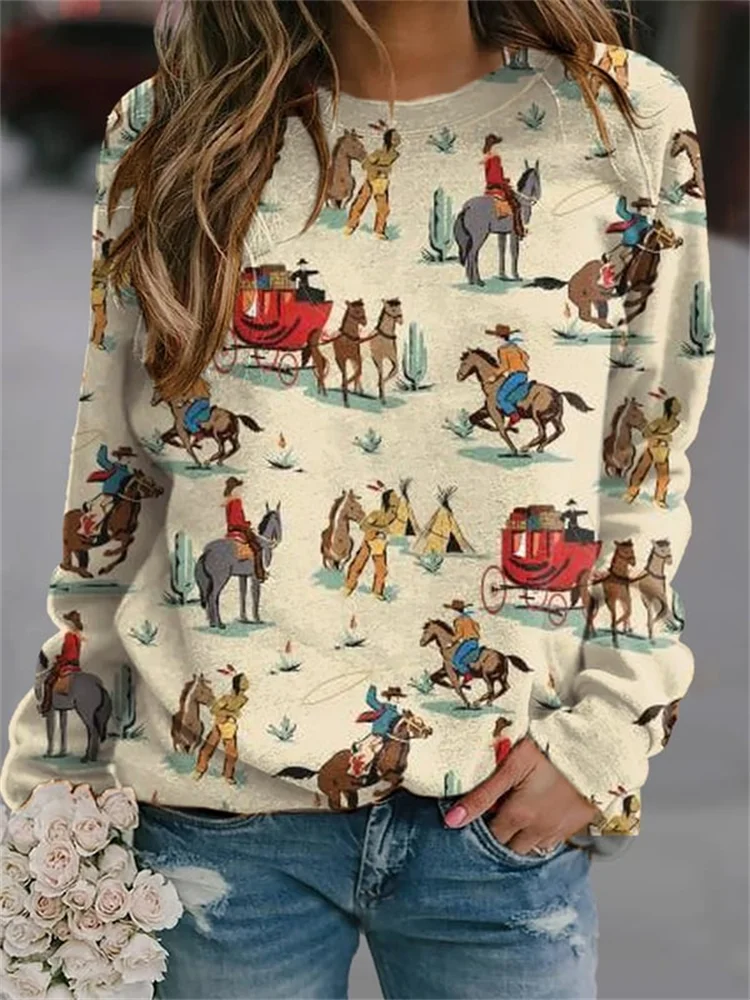 Western Cowboy Elemental Print Crewneck Sweatshirt