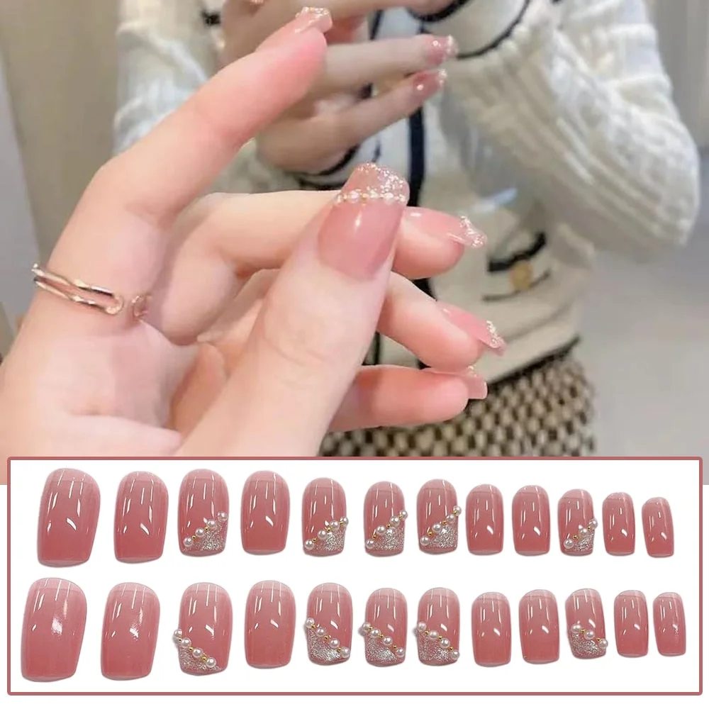 24Pcs/box Full Cover Short round press on nails Pink Dripping Shape Heart Bride nail tips Wearable Fake Nail with Glue for girls-Nail Inspo