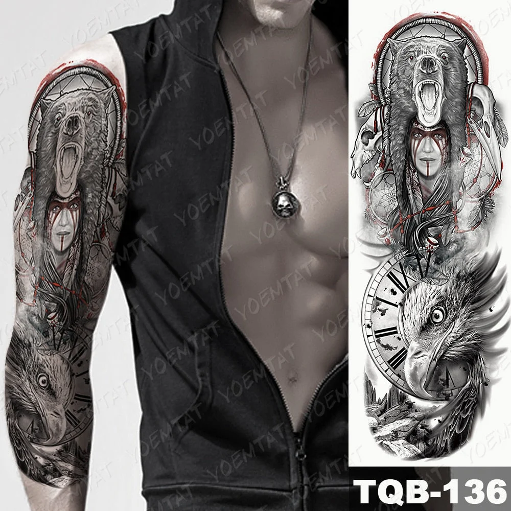 Men Full Arm Waterproof Temporary Tattoo Sticker Clock Rose Tiger Totem Transfer Body Art Fake Tatoo Cool sexy tato Woman