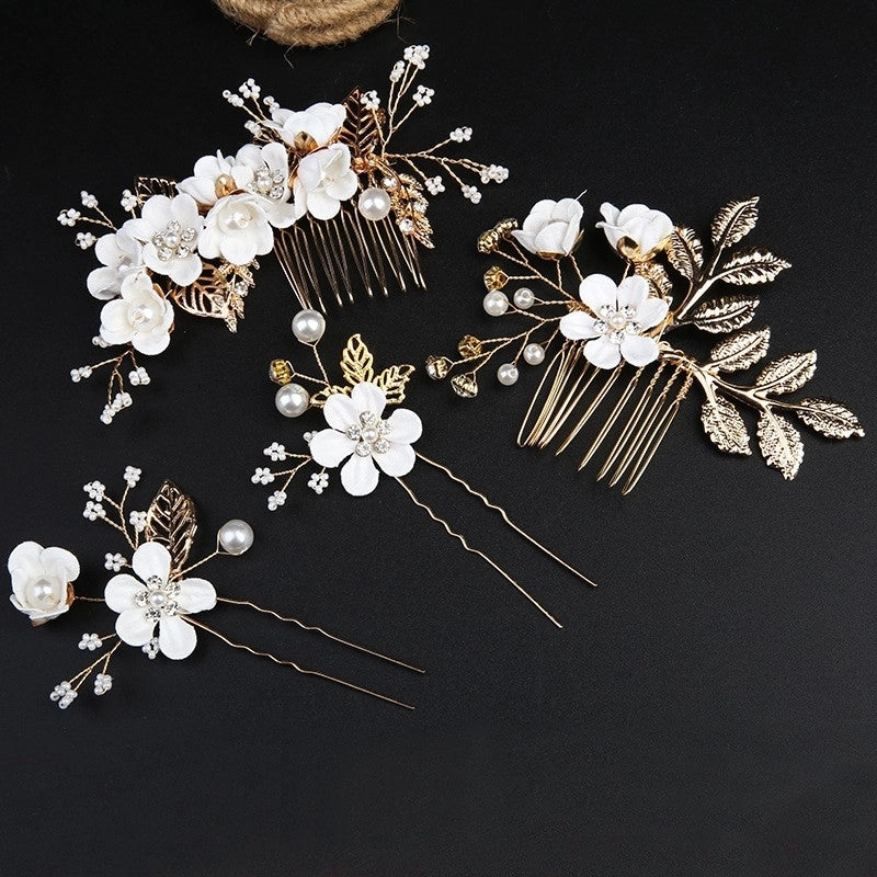 Vintage Golden Leaf Updo Hair Comb Headdress Handmade Bridal Embellished Headdress Flower Comb Hairpin Bridal Accessories
