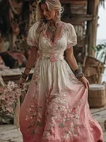 Women's Bohemian Floral Embroidered Linen V-neck Dress