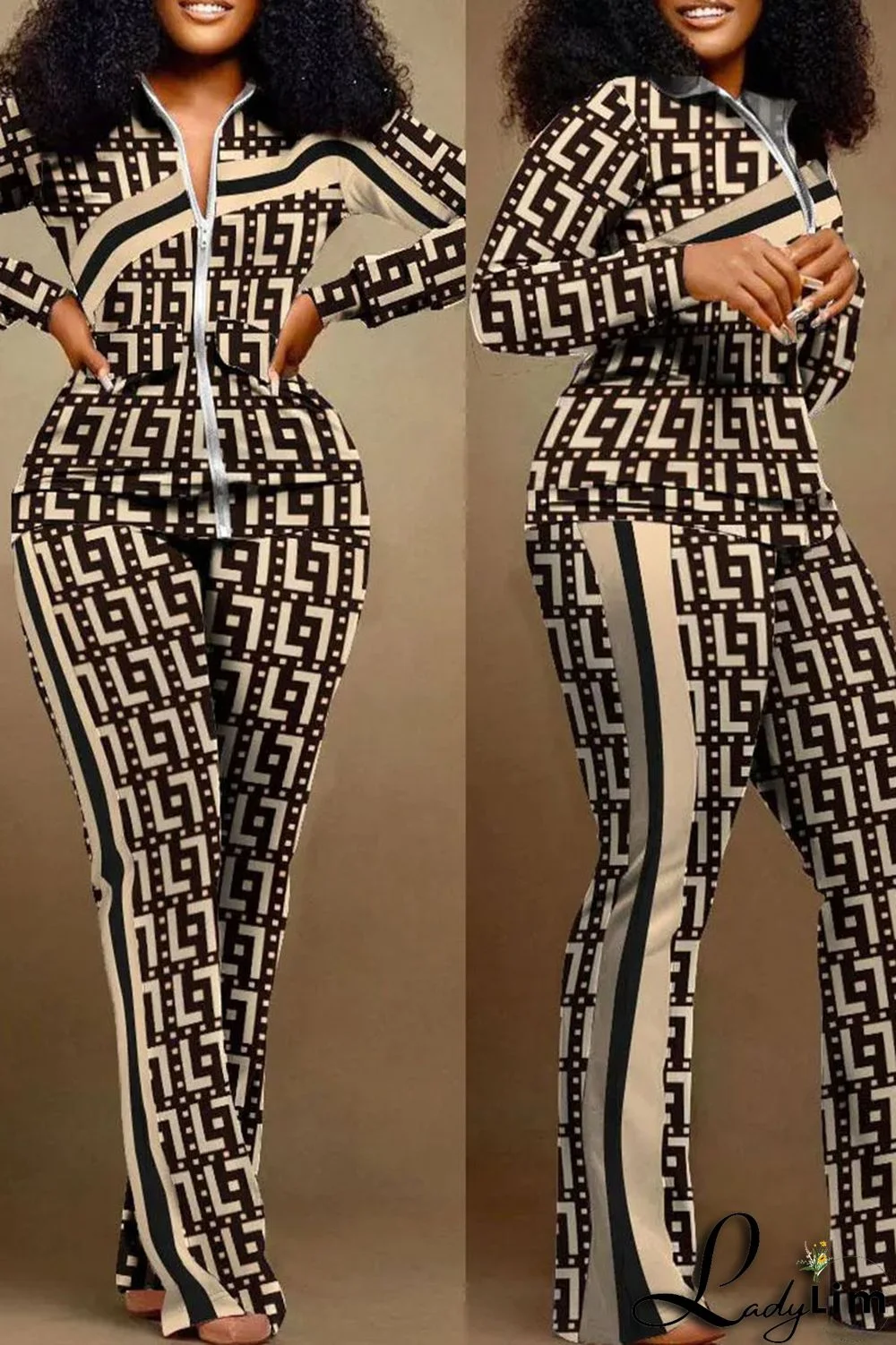 Khaki Casual Print Patchwork Contrast Turndown Collar Plus Size Two Pieces