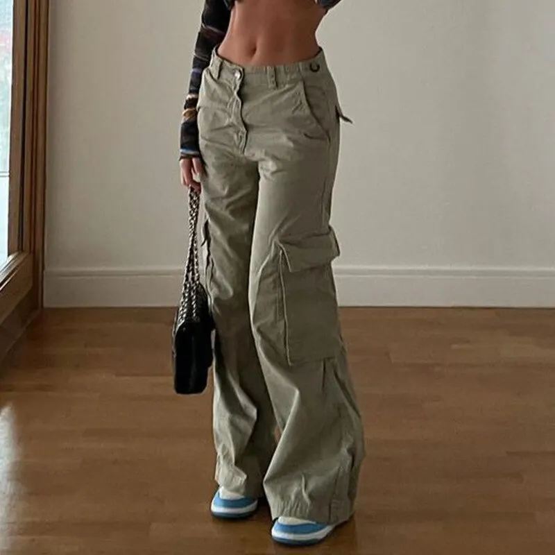 Getadme-  Vintage Women's Cargo Pants Solid Color Streetwear Low Waist Trousers Female Autumn Overalls Baggy Straight Pants