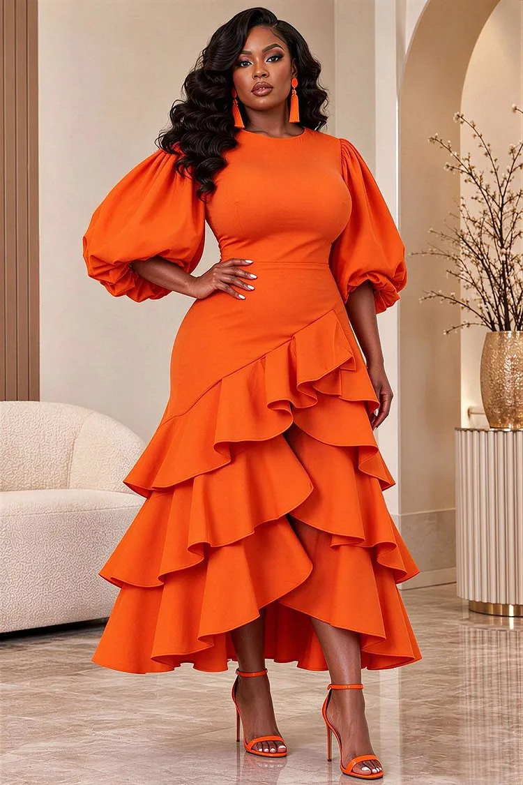 Xpluswear Design Plus Size Cocktail Party Orange Round Neck Puff