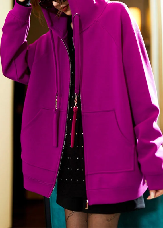 Plus Size Purple Hooded Zippered Pockets Cotton Coats Spring