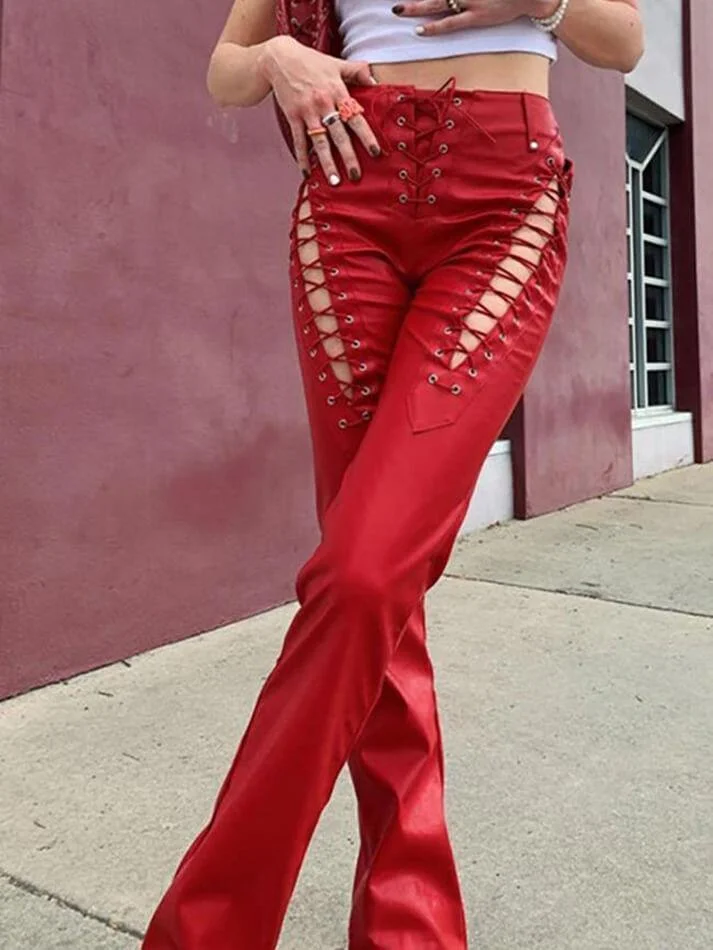 Toloer Cut-out Lace Up Pu Leather Pants-Outfit Ideas