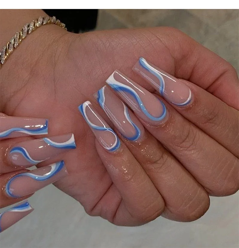 24pcs Long French False Nails Pink Wave Design Fake Nails Hit Color Ballet Blue Purple Nail Art Tools Press On Nail Summer Style-Nail Inspo