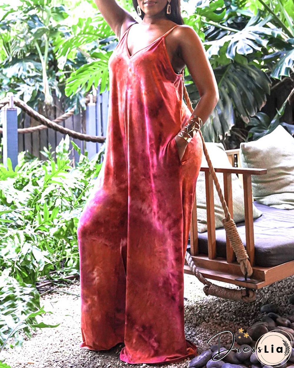 Tie Dye Print Spaghetti Strap Wide Leg  Jumpsuit