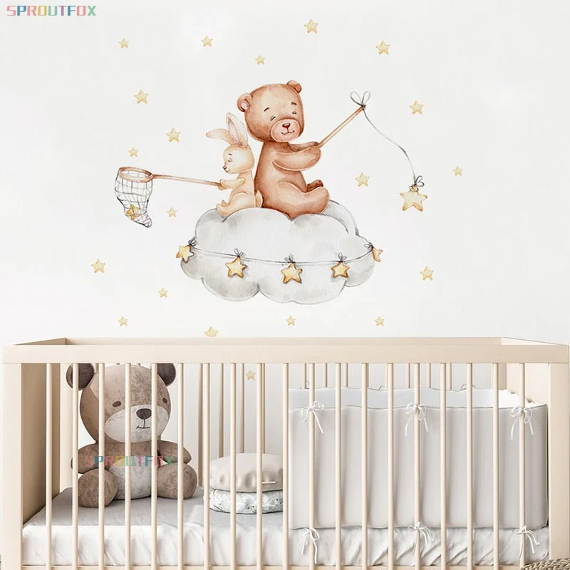 Bear And Rabbit Wall Stickers For Kids Rooms Animals Wall Stickers Child PVC Wall Decorative Vinyl For Children's Room