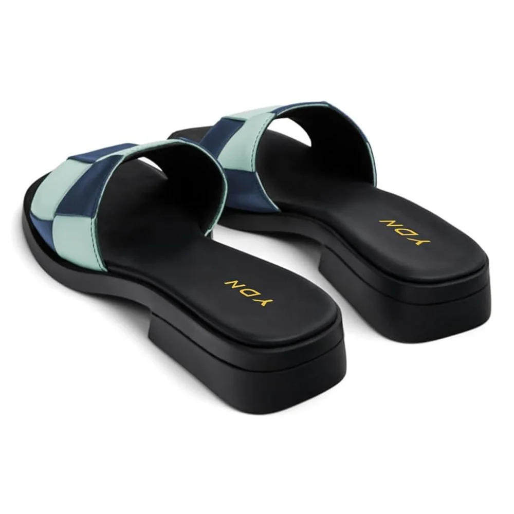 Navy & Light Green Color Blocks Open Square Toe Mules for Women