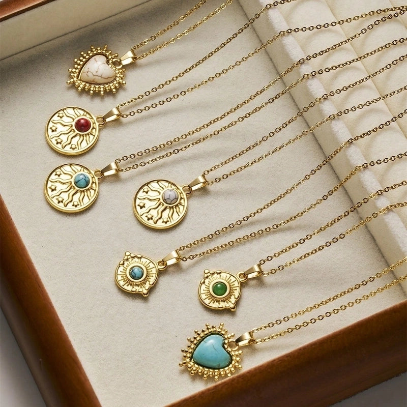 Vintage Style IG Style Round Star Heart Shape 304 Stainless Steel Natural Stone 18K Gold Plated Inlay Stainless Steel Necklaces
