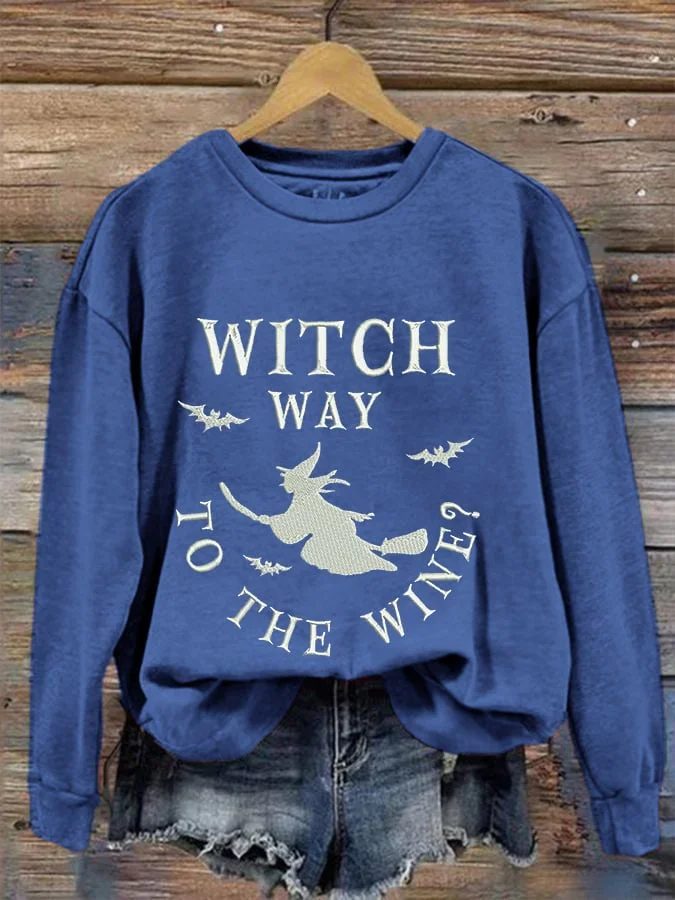 Women's Halloween  Witch Way to the Wine Print Crew Neck Sweatshirt