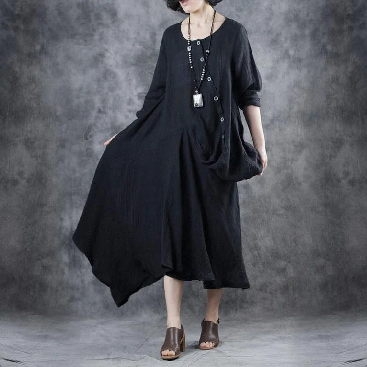 Women black linen cotton dress o neck patchwork Maxi Dress