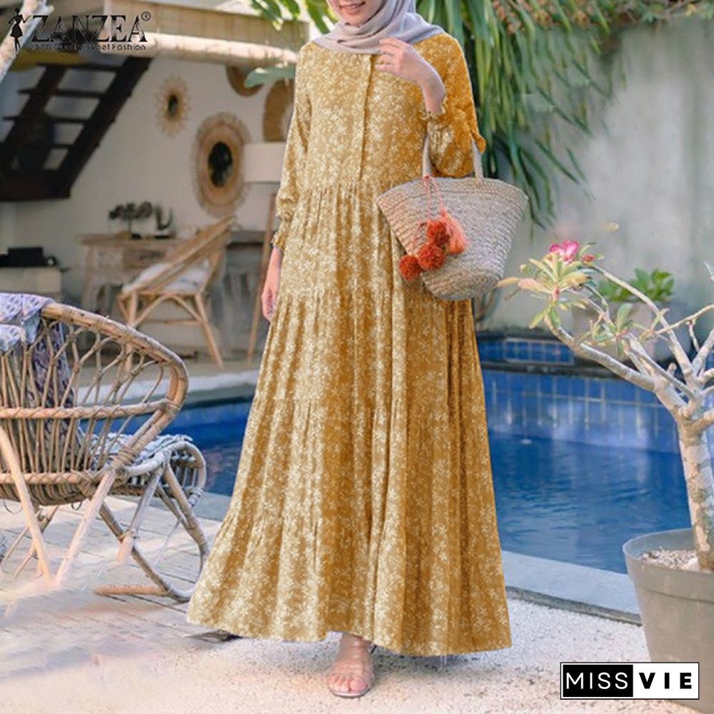 ZANZEA Women Muslim Elegant Baggy Kaftan Flota Robe Printed Abaya Holiday Dubai Islam Long Maxi Shirt Dress