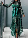 Stylish Irregularity Hollow Split-Joint Lace Bandage Long Sleeves Midi Dress