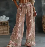 Women's Spring Floral Embroidered Art Print Flowy Linen Blend Casual Pants - Image 2