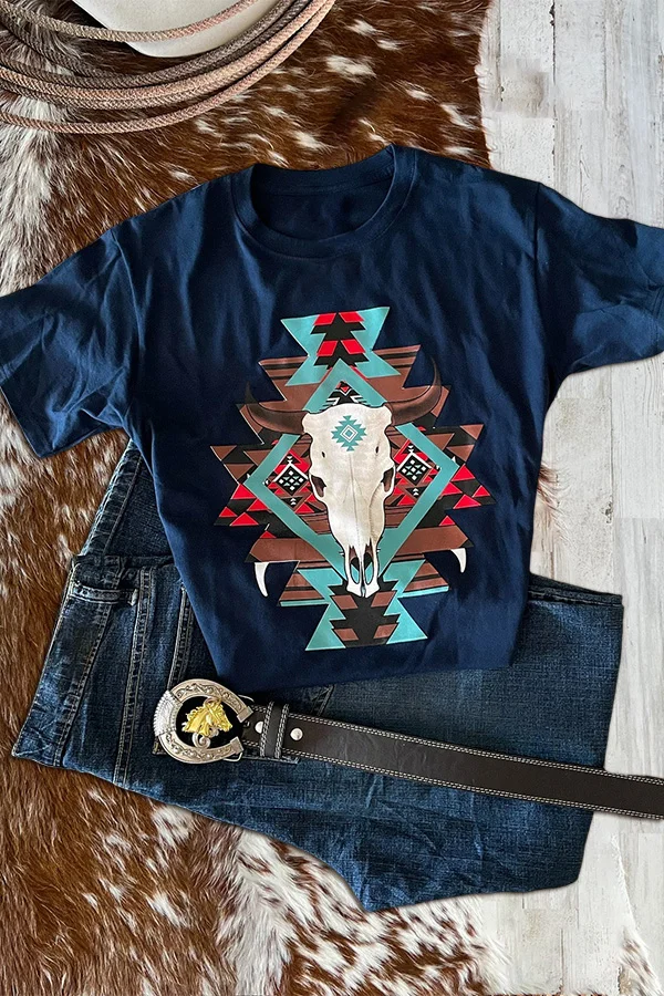 Western Cow Skull Print T-Shirt