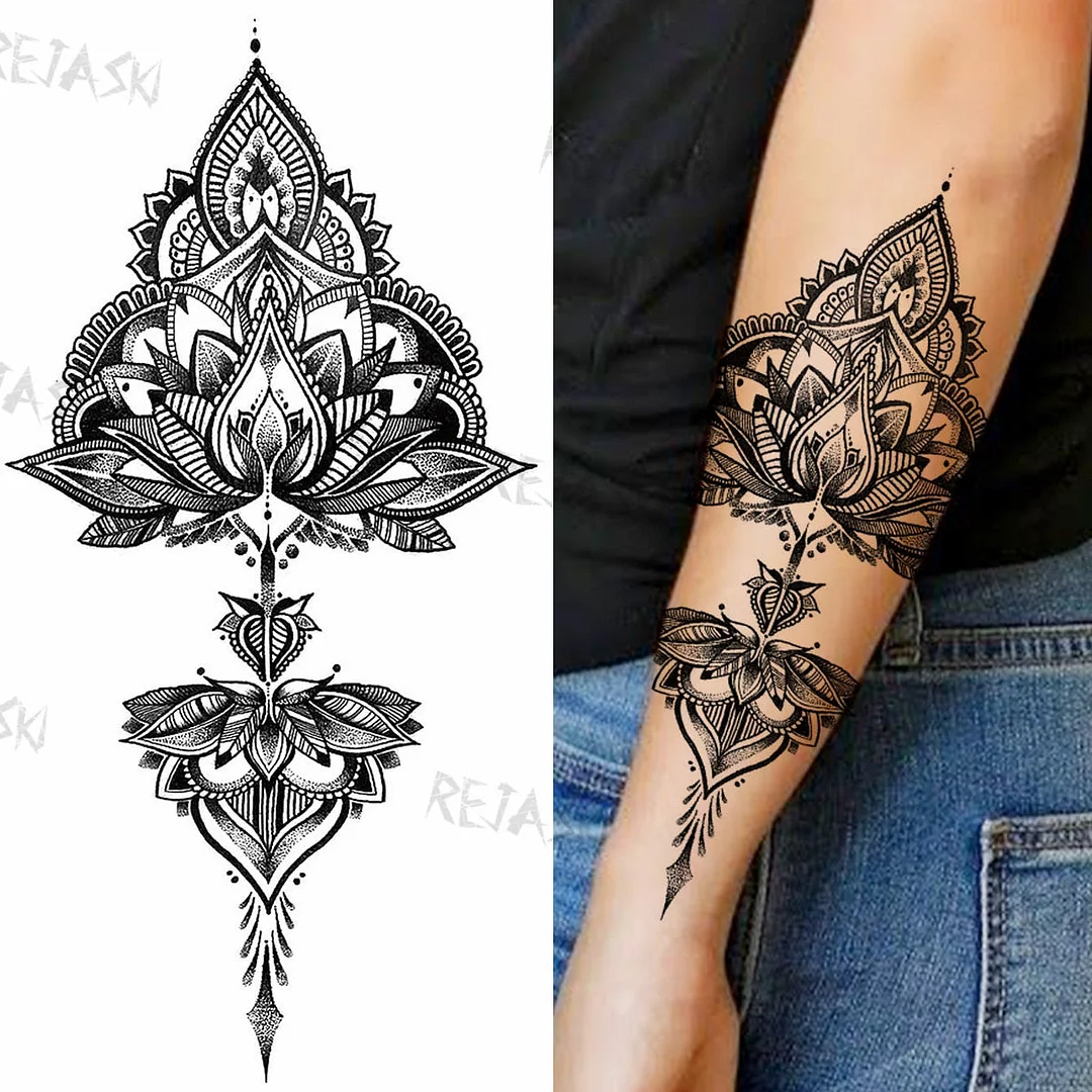 Mandala Flowers Temporary Tattoo For Women Black Henna Mehndi Tattoos Sticker Rose Lace Owl Fake Jewelry Tatoos Body Chest Back