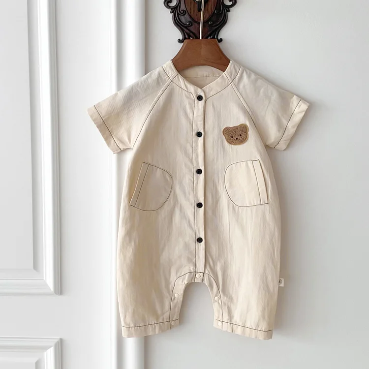 Baby Boy/Girl Bear Suspender Button Up Long Sleeve Romper
