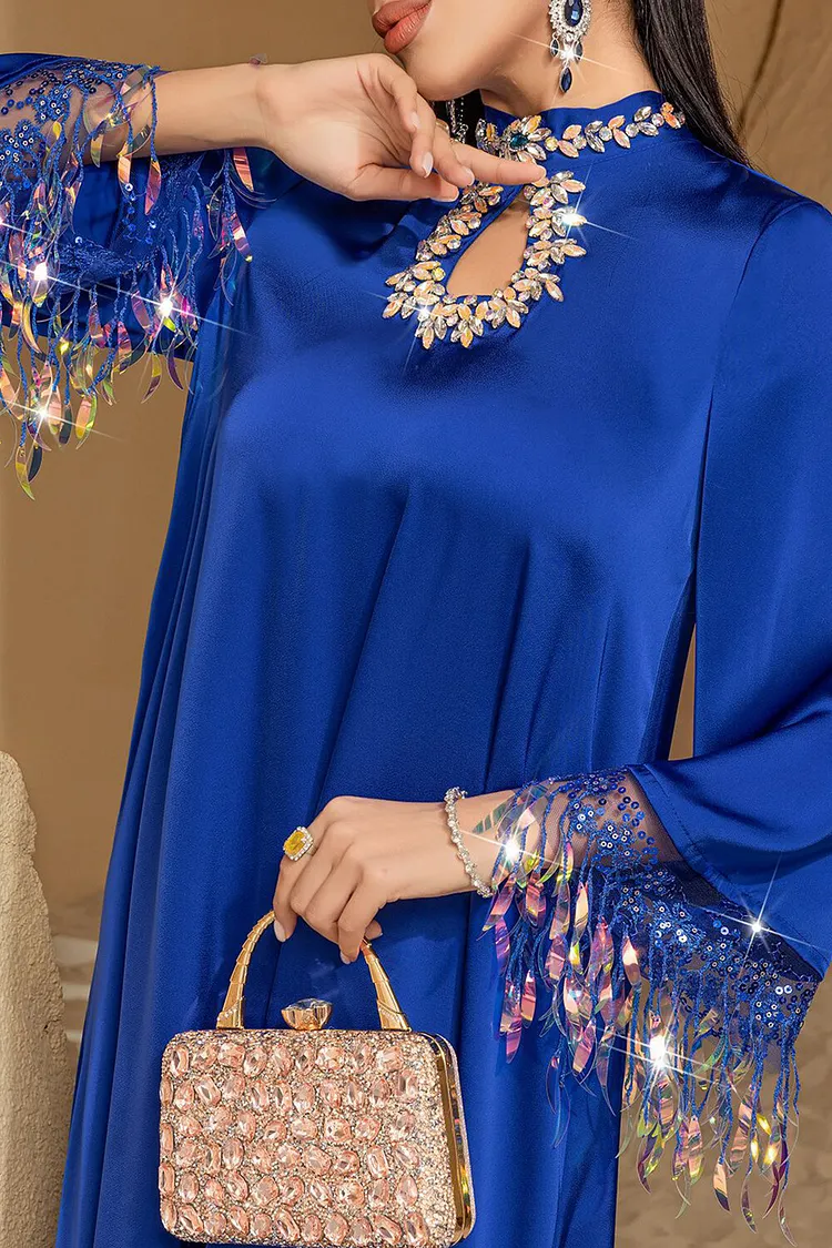 Tie Up Mock Neck Cutout Rhinestone Fringe Party Satin Kaftan Maxi Dresses