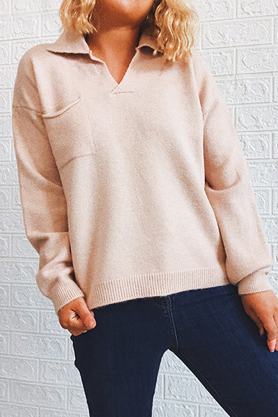 Casual Solid Pocket Turndown Collar Tops Sweater(5 Colors)