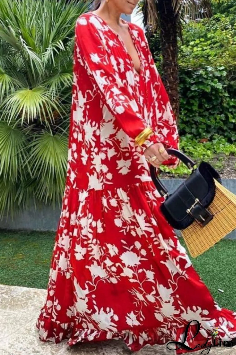 Red Casual Print Basic V Neck Long Sleeve Dresses