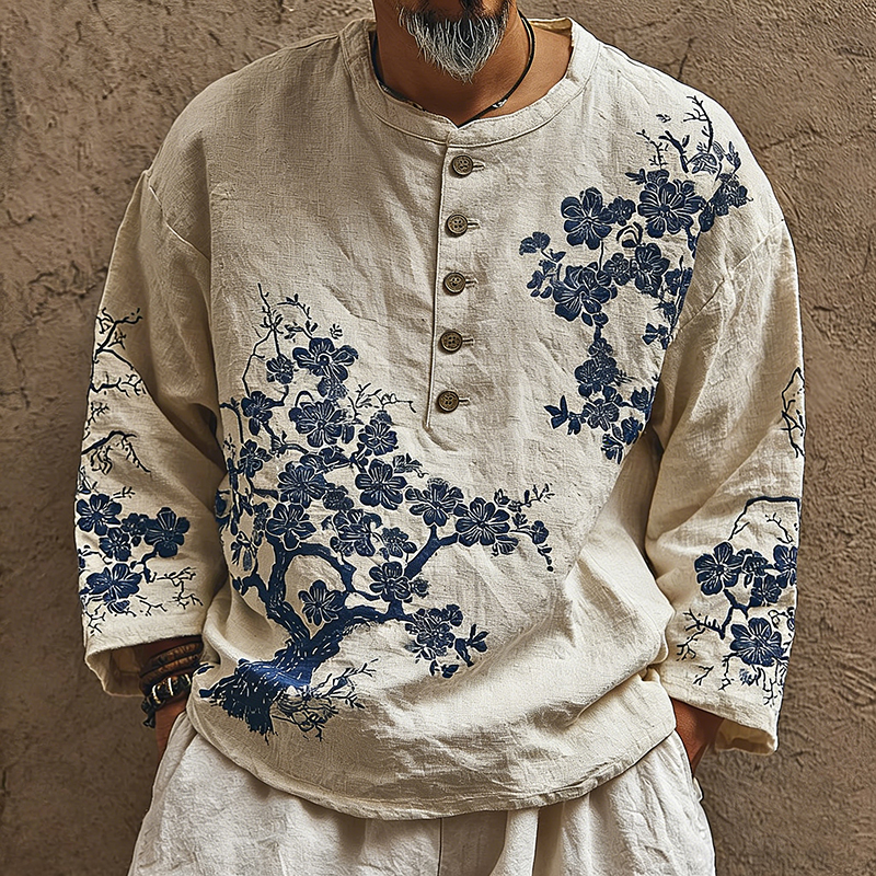 Retro Japanese Plum Blossom Pattern Linen Shirt  artssus