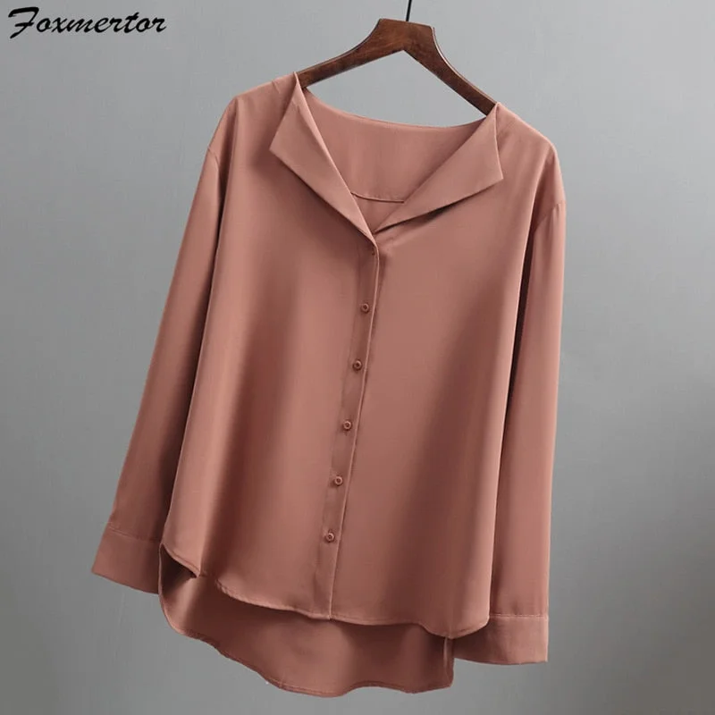 Foxmertor Women Shirts Casual Solid Outwear Tops 2020 Autumn New Female Chiffon Blouse Office Lady V-neck Button Loose Clothing
