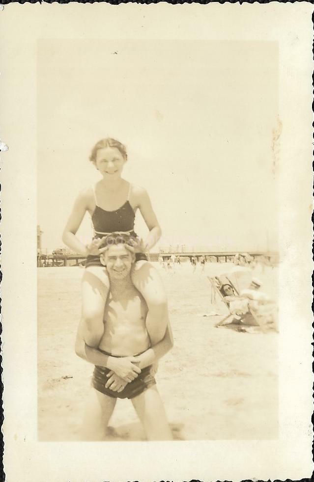 Beach Couples FOUND BLACK AND WHITE Photo Poster painting bw MAN WOMAN Vintage JD 19 38 S