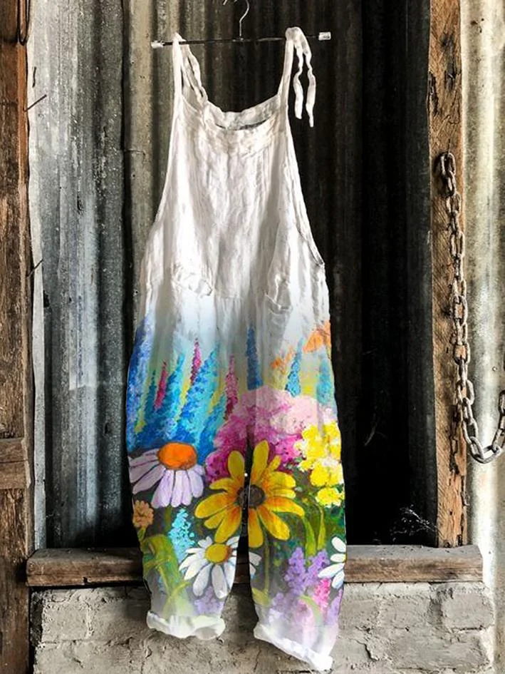 Retro flower print casual jumpsuit