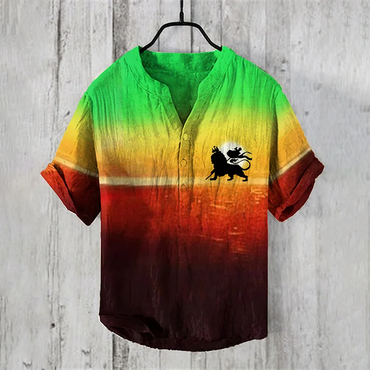VChics Men's Sunset Lion Reggae Graffiti Art  Linen Blend Shirt