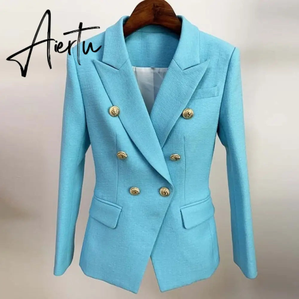 High Street Newest  Runway Designer Blazer Women's Classic Lion Buttons Double Breasted Slim Fitting Textured Blazer Jacket Aiertu