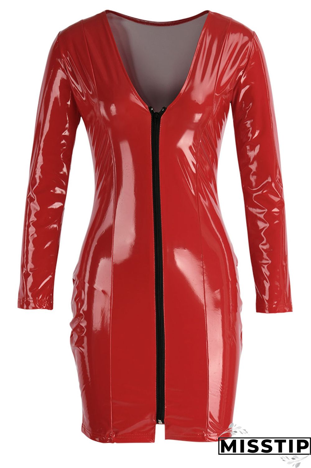 Pink Sexy High Elastic Deep V-Neck Imitation PU Dress