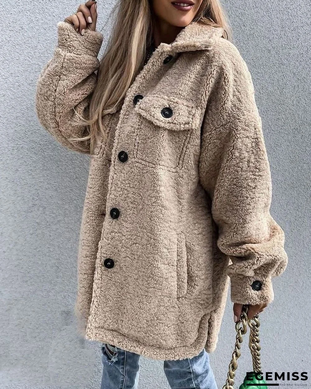 Long Sleeve Flap Pocket Button Down Teddy Coat | EGEMISS