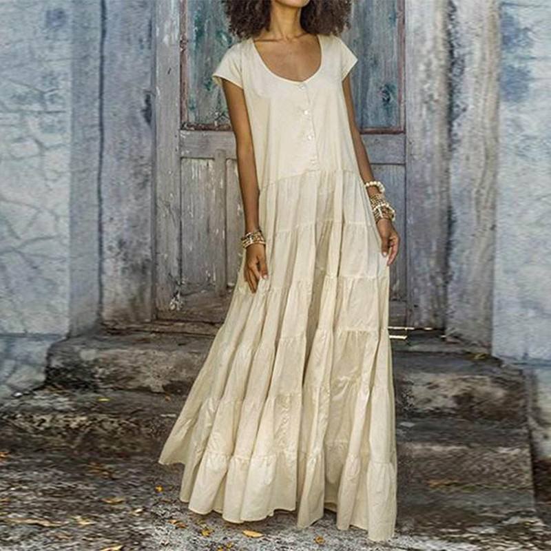 ZANZEA Elegant Women Short Sleeve Ruffles Dress Summer Solid Cotton Linen Sundress Femme Robe Party Long Vestido Loose Dresses