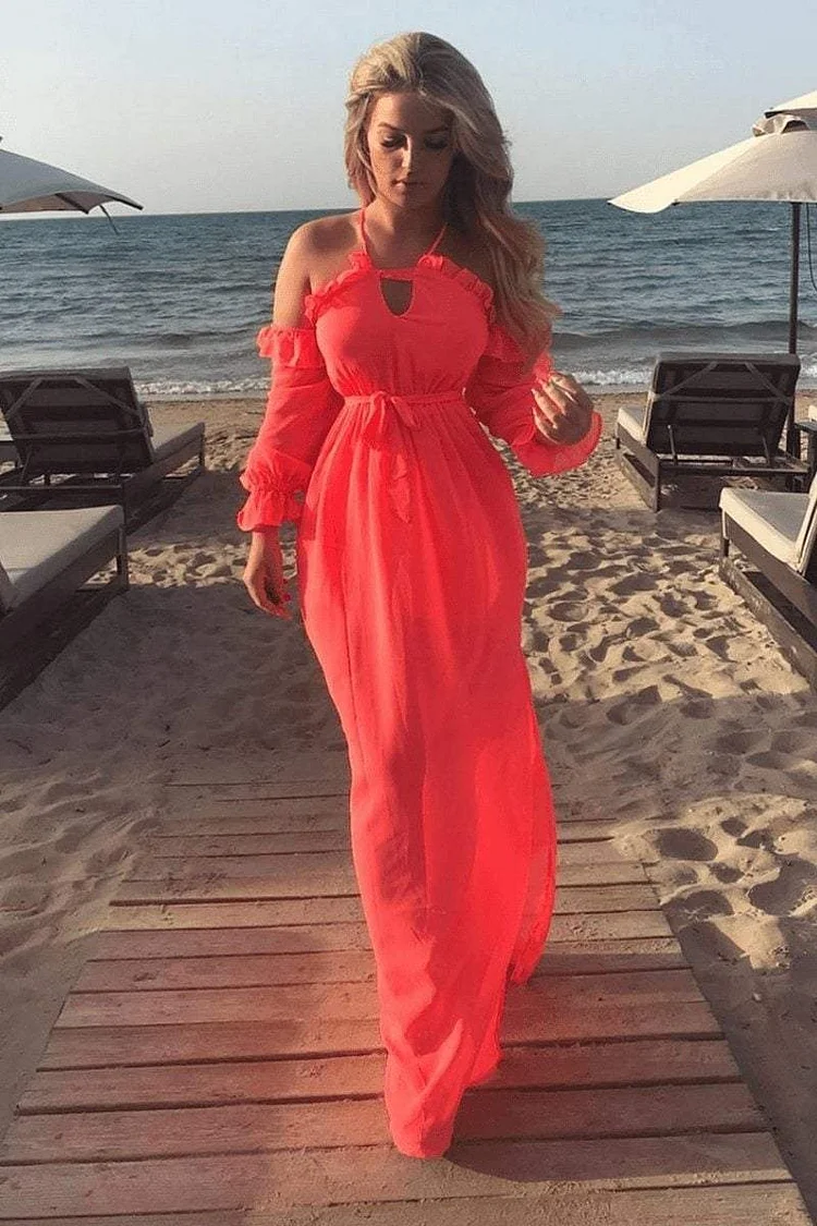 Neon Orange Sheer Frill Maxi Dress Katch Me