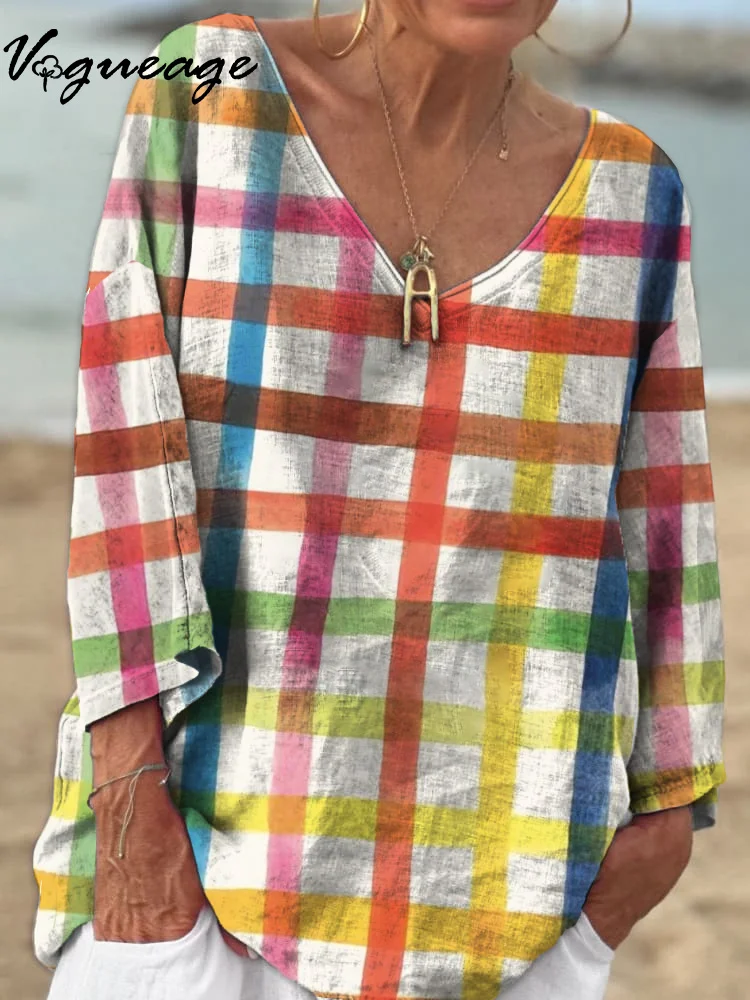 Fashion Simple Color Line Grid 3/4 Sleeves Printed Cotton And Linen Shirt